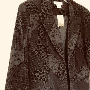 Tone-on-tone Textured Embossed Floral Design Velvety Black Jacket  Size 12 NEW